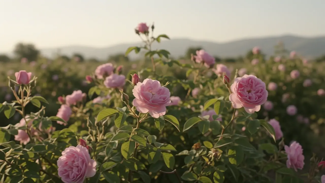 Fresh Isparta roses in the early morning light